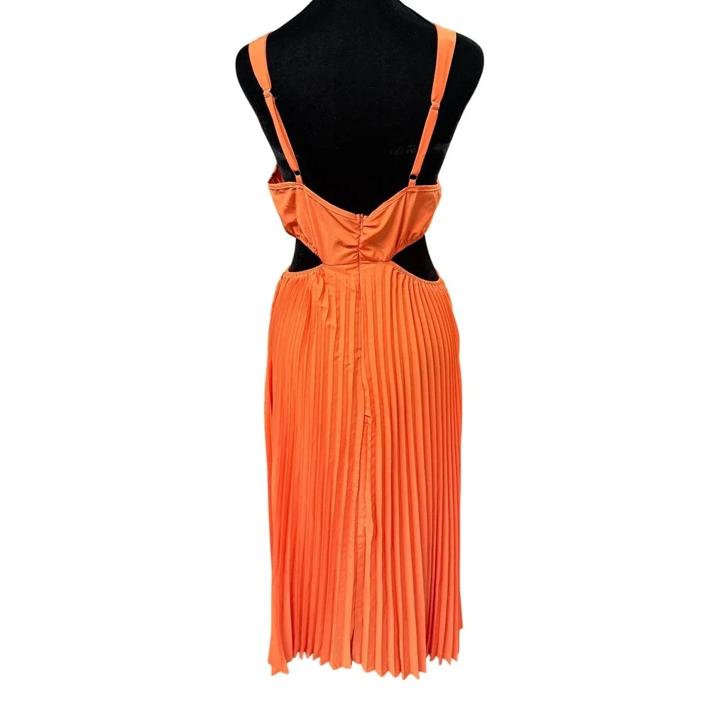 Orange Cut Out Pleated V-Neck Maxi Dress Sleeveless Summer Vacation Large Cruise - Picture 3 of 12